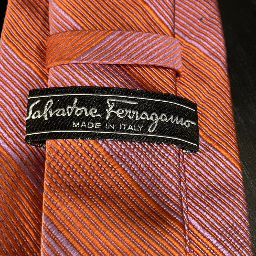 Salvatore Ferragamo Italy 100% Silk Diagonal Stripe Neck Tie Orange Pink Purple